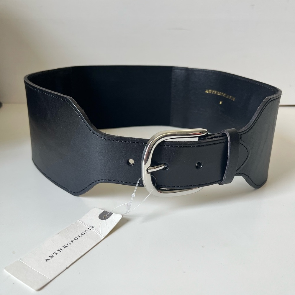 Anthropologie Tabitha Black Wide Corset  Leather Belt with Silver Buckle